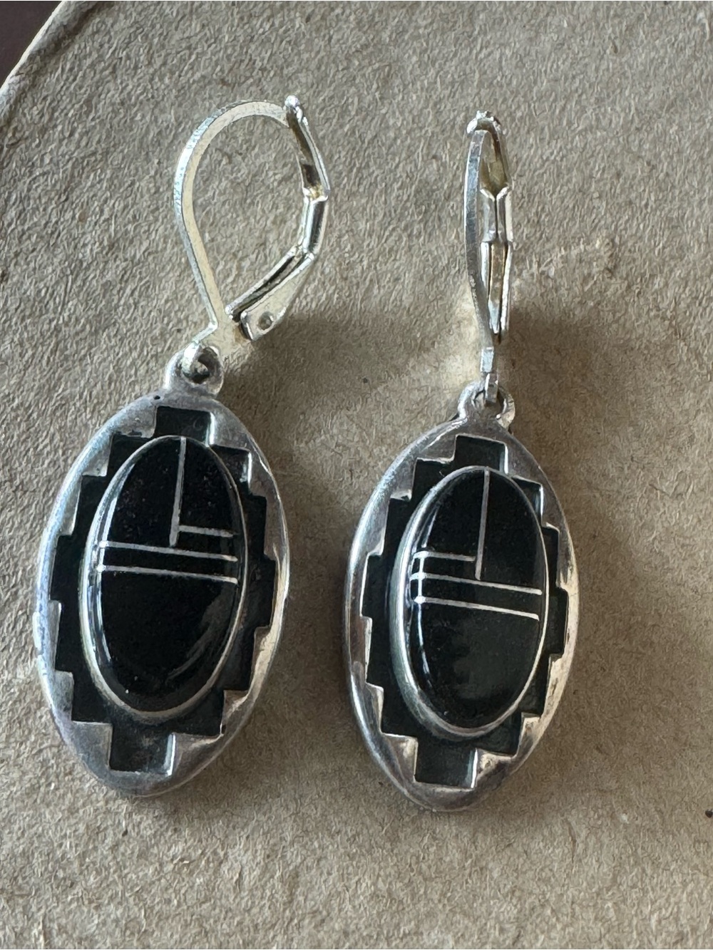 Vintage Sterling Silver Black Onyx Inlay Earrings Native American Signed Nice!